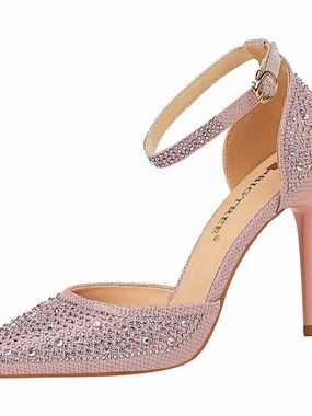 Rhinestone Ankle-Strap High Heels in Blush Pink